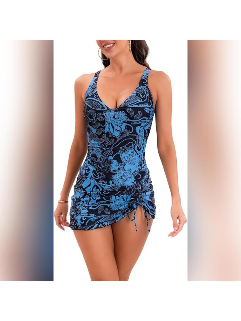 NWT B2prity One Piece V Neck Ruched Tummy Control Swimdress Swimsuit, L (12-14)